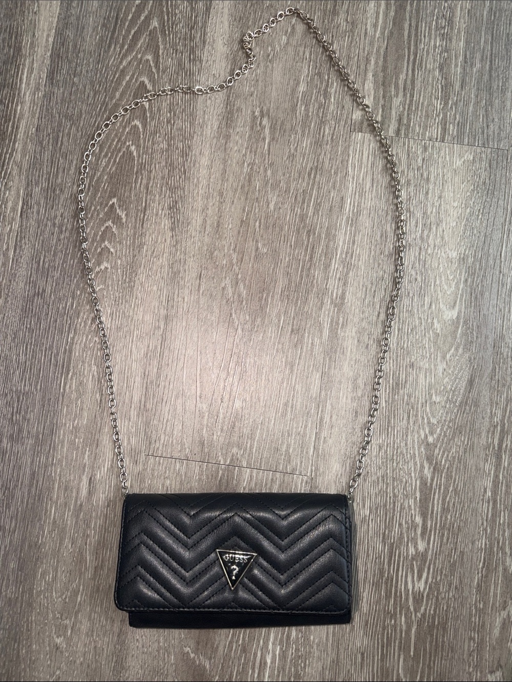 GUESS Black Quilted Chevron Crossbody with Silver Chain